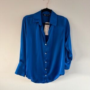 Zara Satin Button-Down Blouse in Cobalt Blue